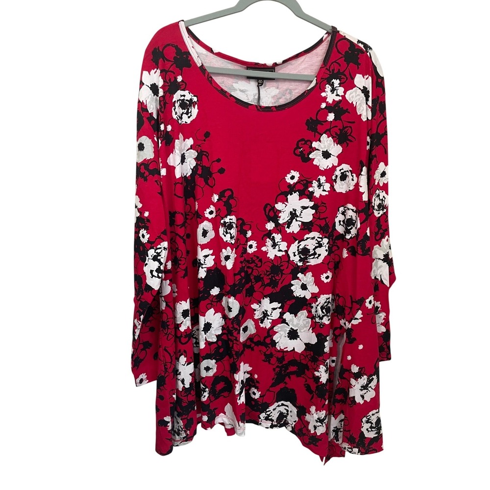 Diane Gilman DG2 Red Black Floral Cotton Tunic Top Long Sleeve Size 3X Asym Hem